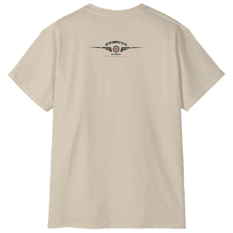 A beige Gymstar t-shirt with the text 'I WANT YOU' printed on the front, along with graphics of a weightlifter and dumbbells. Rear view.