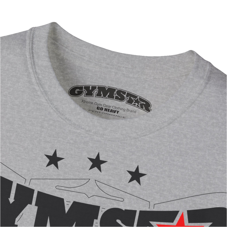 A silver grey Gymstar t-shirt with the text 'I WANT YOU' printed on the front, along with graphics of a weightlifter and dumbbells. Close up view.