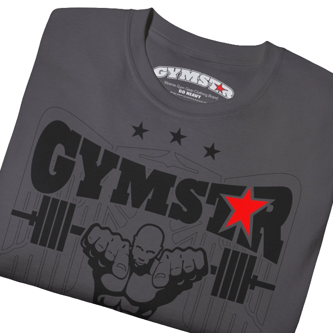 A sport grey Gymstar t-shirt with the text 'I WANT YOU' printed on the front, along with graphics of a weightlifter and dumbbells. Front close up view.