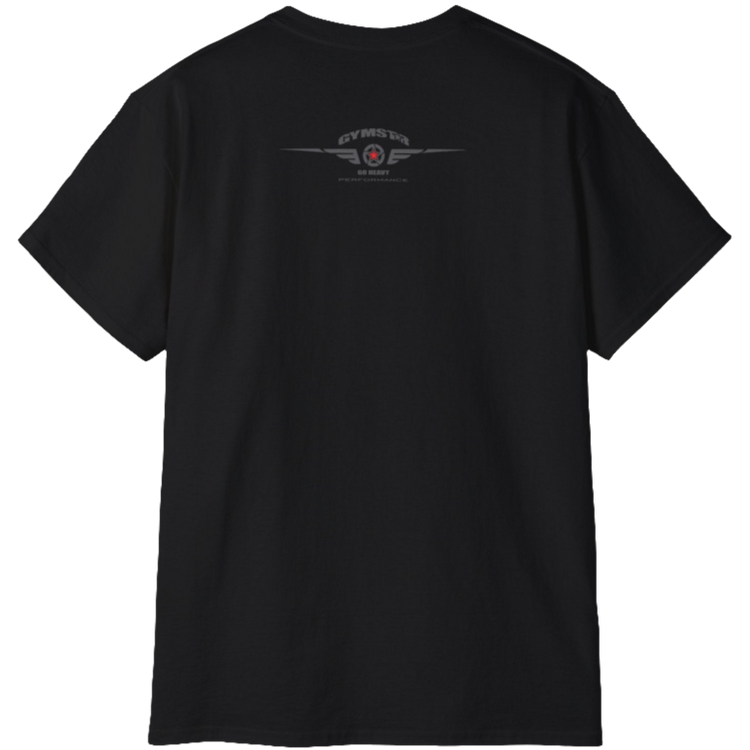 A  black  molon labe, gymstar training, fitness t-shirt. Rare logo close up view.