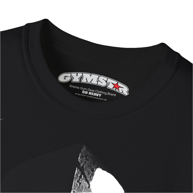 A  black  molon labe, gymstar training, fitness t-shirt. Front logo close up view.