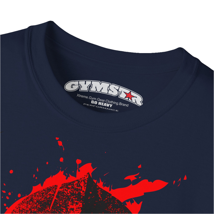 A  naviblue  molon labe, gymstar training, fitness t-shirt. Front logo close up view.