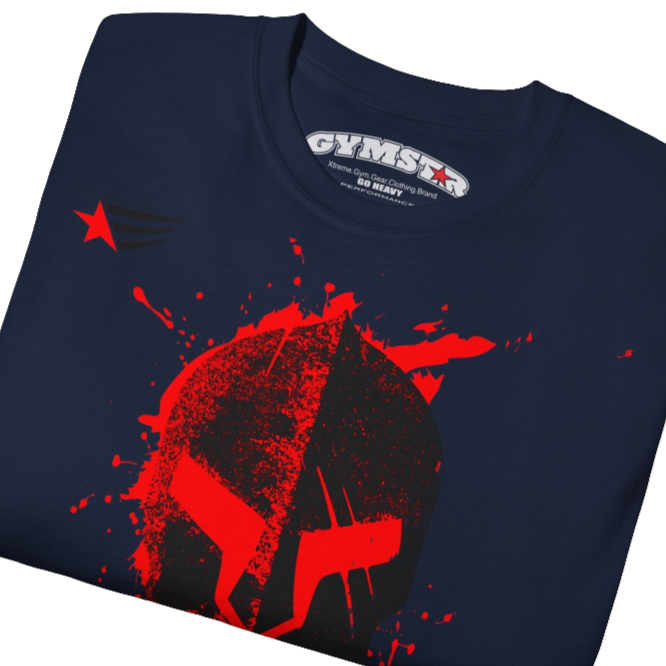 A  navy blue  molon labe, gymstar training, fitness t-shirt. Front  close up view.