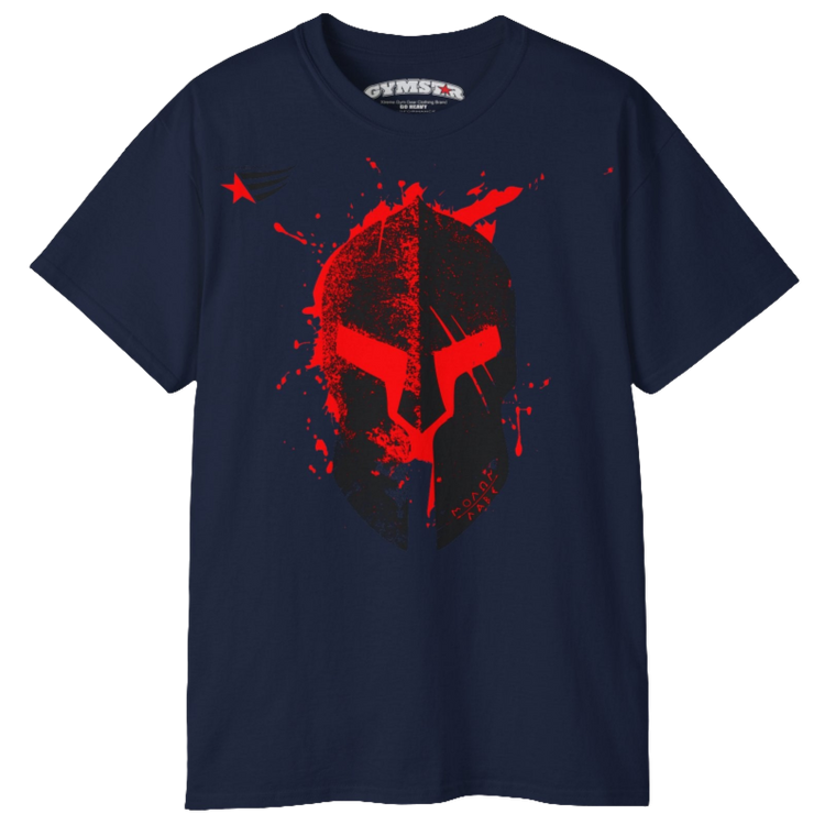 A navy blue  molon labe, gymstar training, fitness t-shirt. Front view.