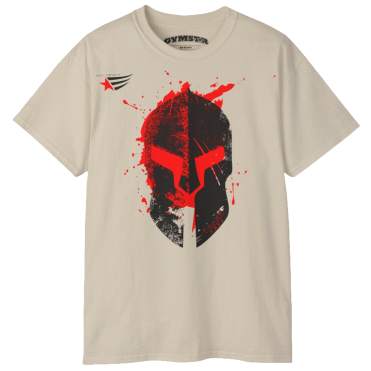 A beige  molon labe, gymstar training, fitness t-shirt. Front view.