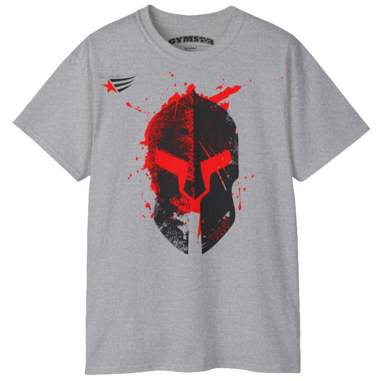 A silver grey  molon labe, gymstar training, fitness t-shirt. Front view.