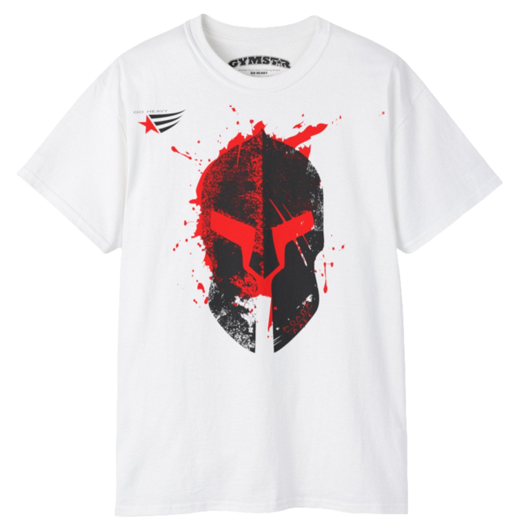 A white  molon labe, gymstar training, fitness t-shirt. Front view.