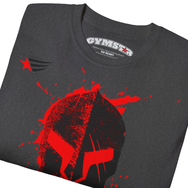 A  grey  molon labe, gymstar training, fitness t-shirt. Front logo close up view.