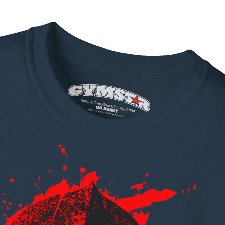 A  deep navy  molon labe, gymstar training, fitness t-shirt. Front logo close up view.