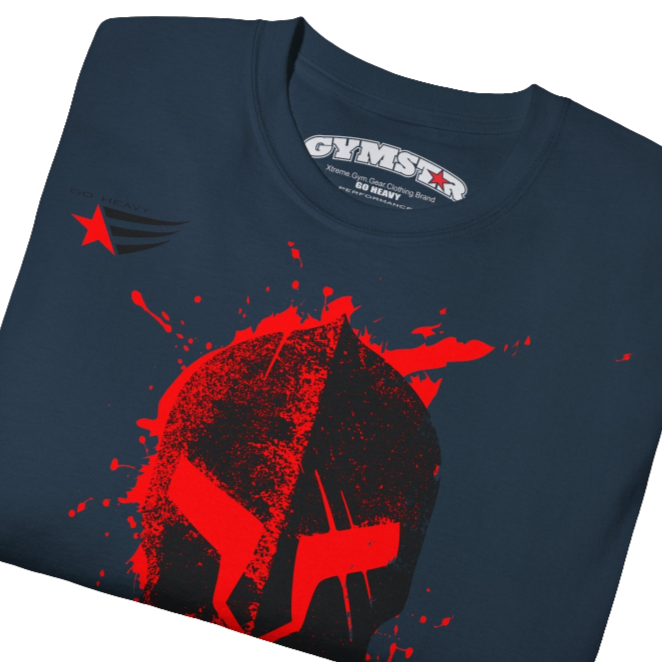 A  deep navy  molon labe, gymstar training, fitness t-shirt. Front  close up view.