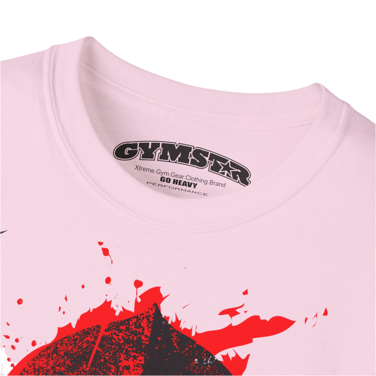 A pink  molon labe, gymstar training, fitness t-shirt. Front  close up view.