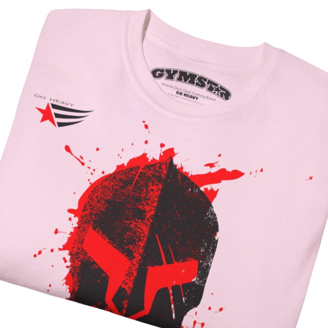 A pink  molon labe, gymstar training, fitness t-shirt. Close up view.