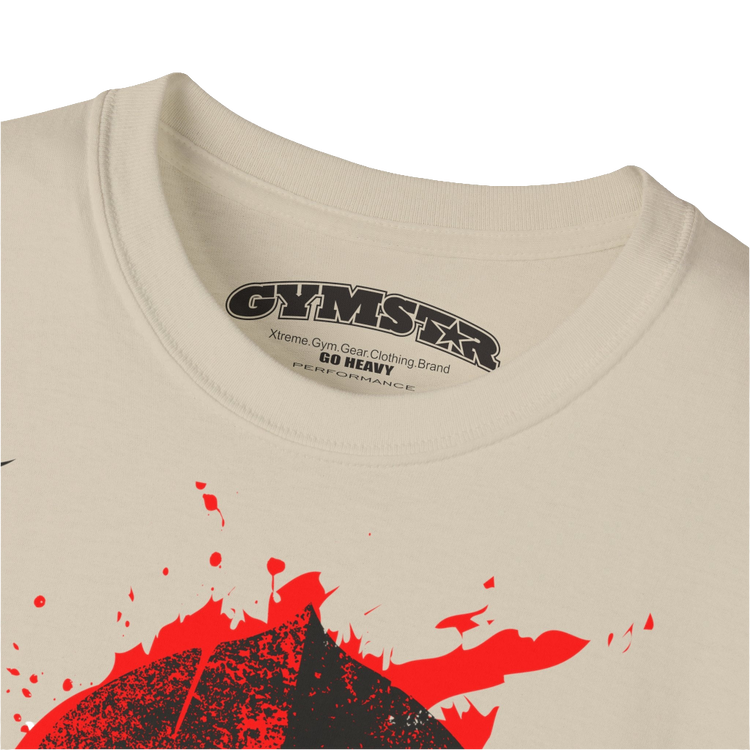A  beige  molon labe, gymstar training, fitness t-shirt. Front logo close up view.