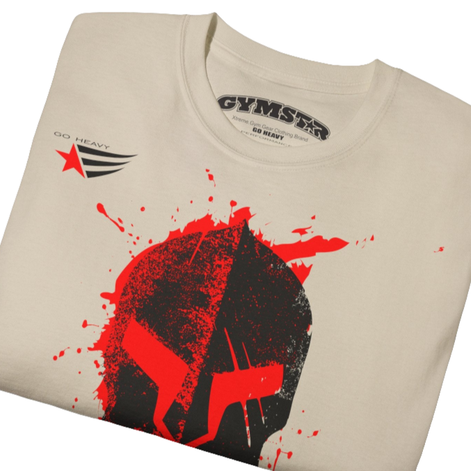 A  beige  molon labe, gymstar training, fitness t-shirt. Front  close up view.