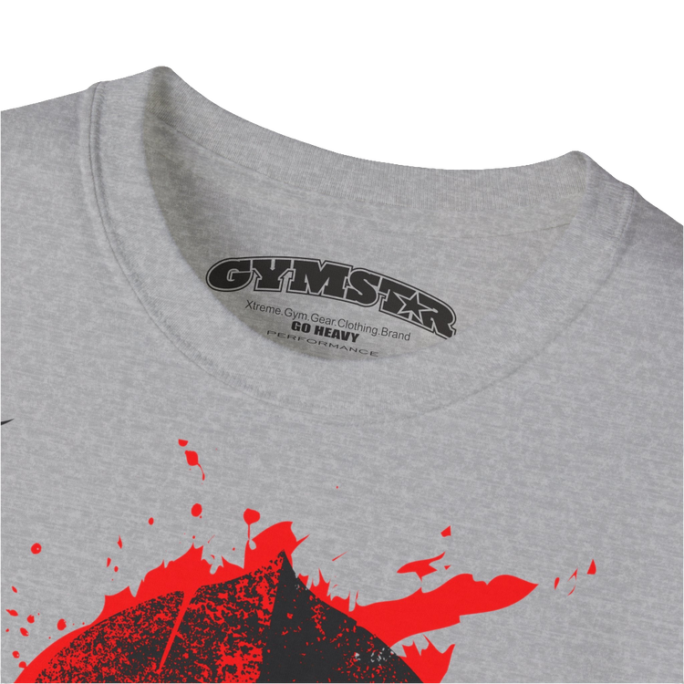 A  grey  molon labe, gymstar training, fitness t-shirt. Front logo close up view.