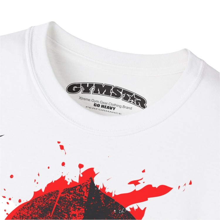 A  white  molon labe, gymstar training, fitness t-shirt. Front logo close up view.