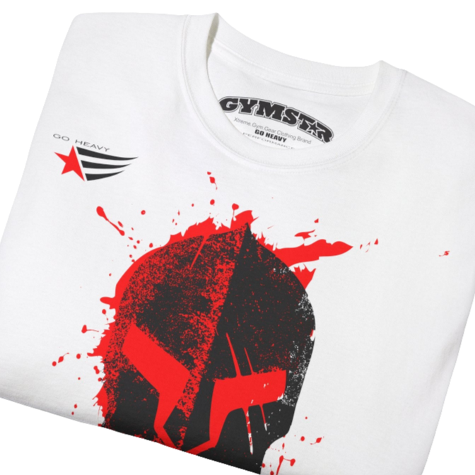 A  white  molon labe, gymstar training, fitness t-shirt. Front  close up view.