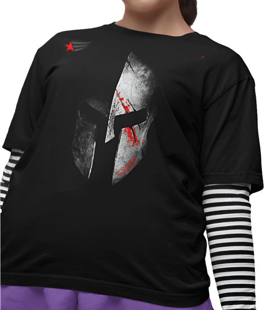 A woman wearing muscleagents, molon labe, gymstar training, black t-shirt.