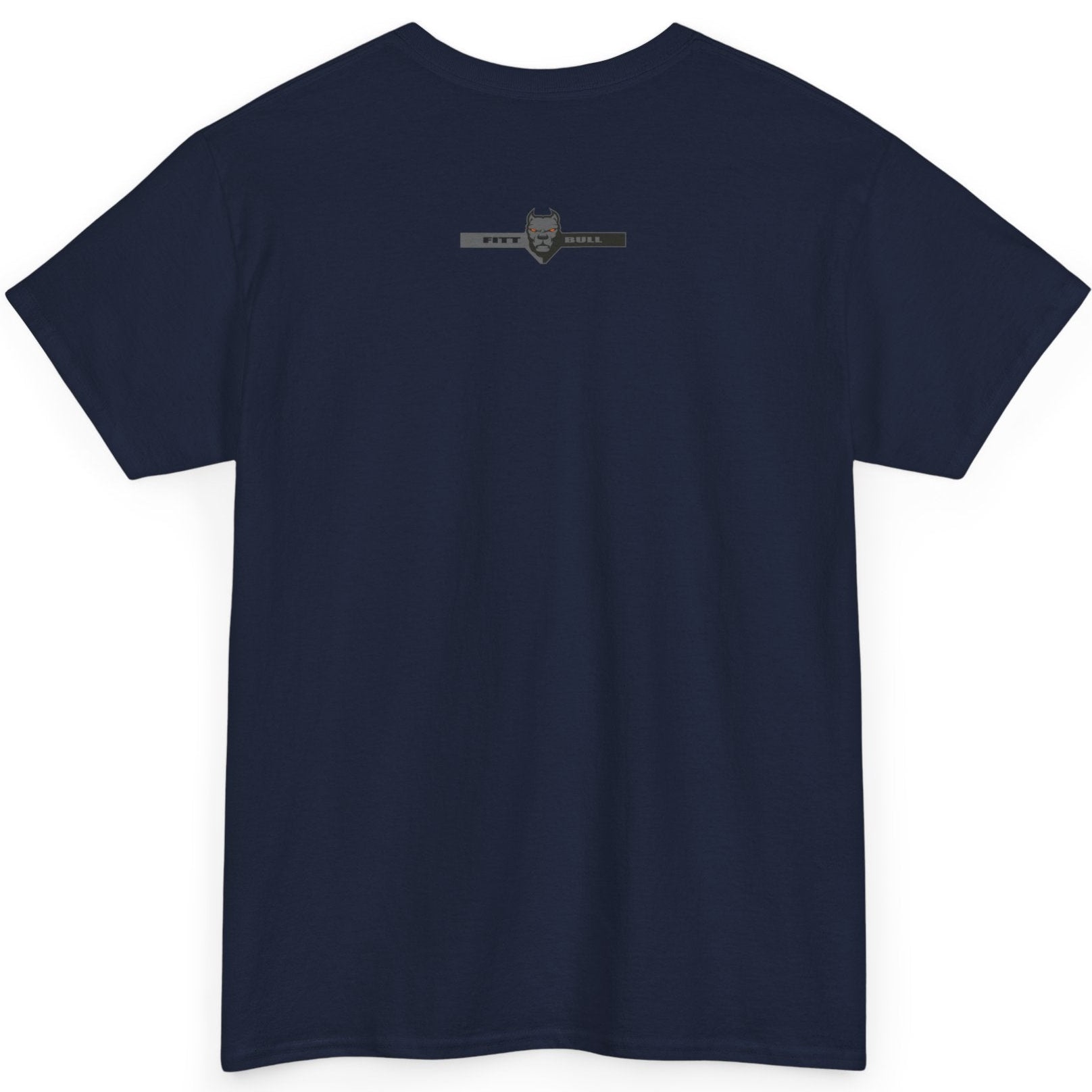Fitbull fitness t-shirt with a graphic of a dog and urban cityscape navy blue back.