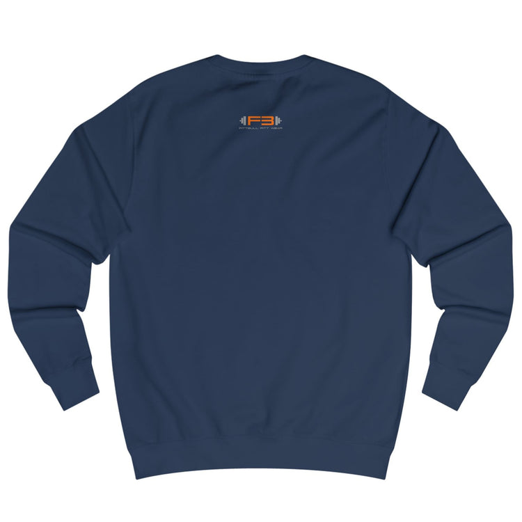 Navy blue sweatshirt Fitbull with a motivational sports brand and design graphic on the back.