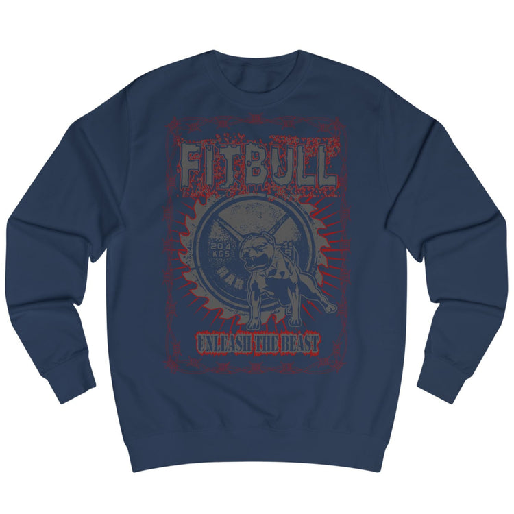 Navy blue sweatshirt Fitbull with a motivational sports brand and design graphic on the front.