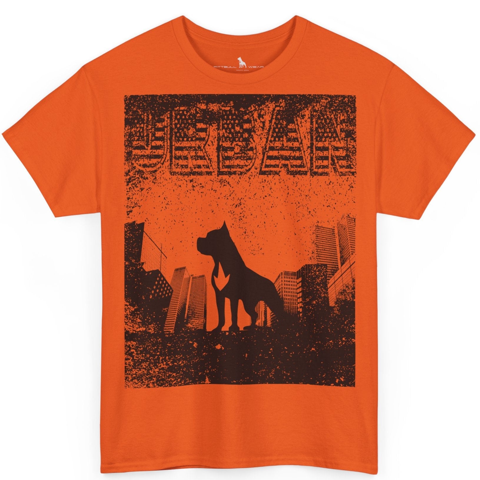 Fitbull fitness t-shirt with a graphic of a dog and urban cityscape orange.