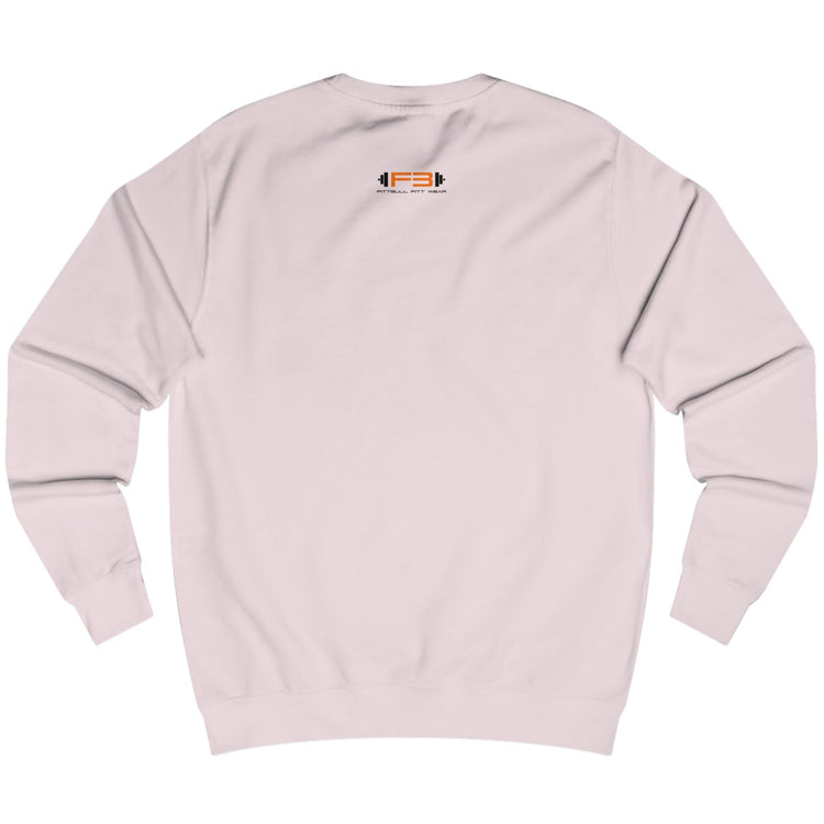 Light pink sweatshirt Fitbull with a motivational sports brand and design graphic on the back.