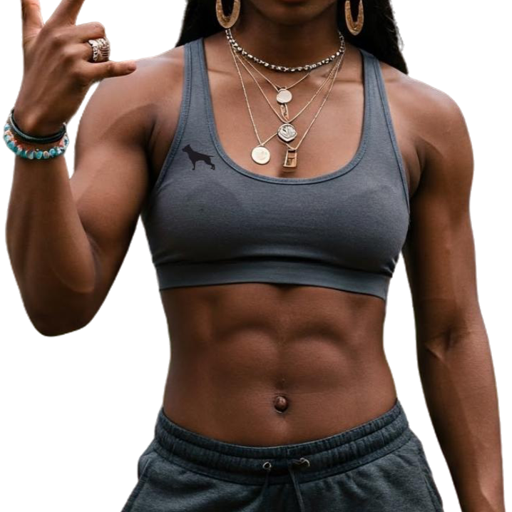 a woman wearing a charcoal sports bra and charcoal joggers fittbull-fitt-wear for crossfit training clothes with hip-hop sign