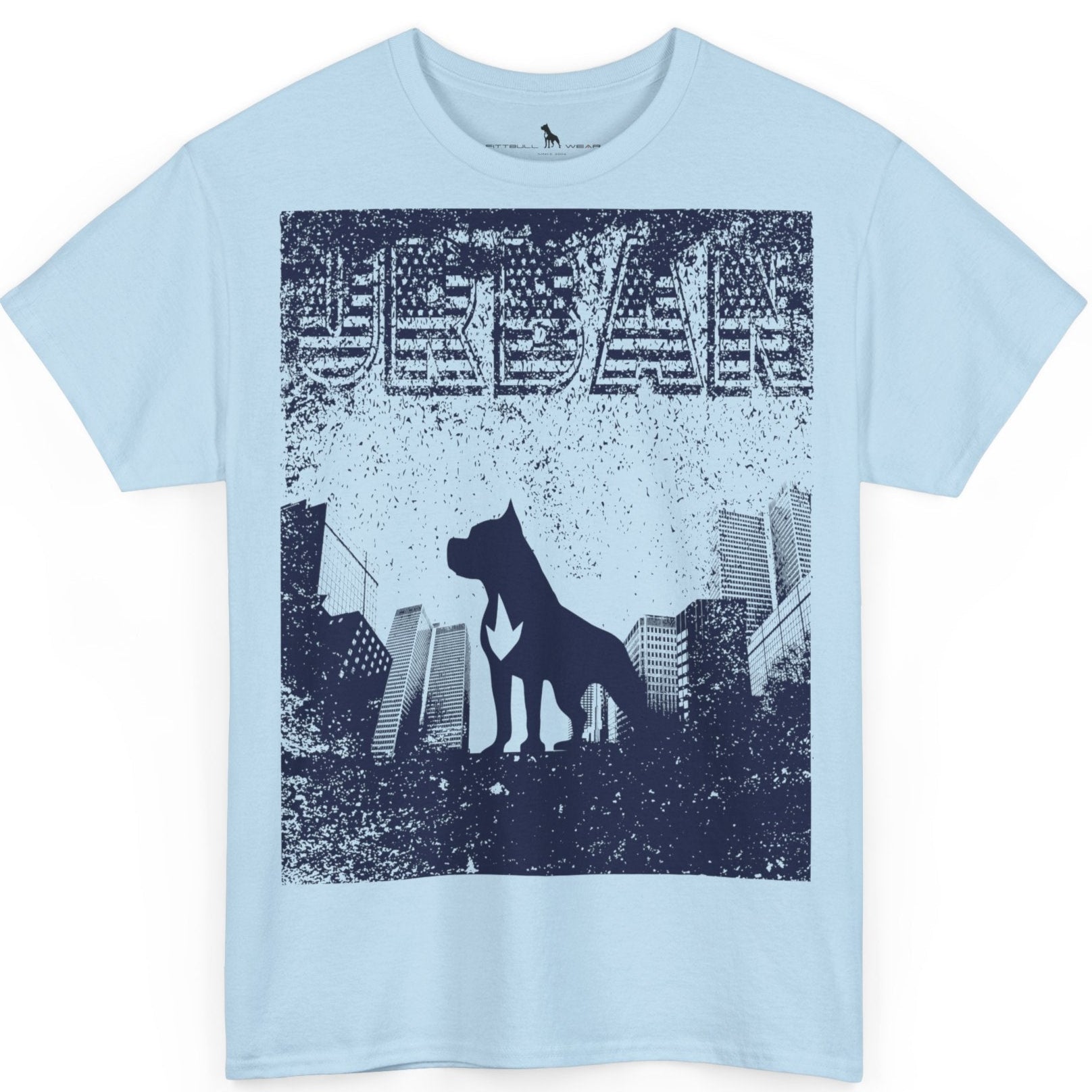 Fitbull fitness t-shirt with a graphic of a dog and urban cityscape sky blue.