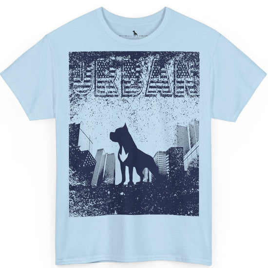 Fitbull fitness t-shirt with a graphic of a dog and urban cityscape sky blue.