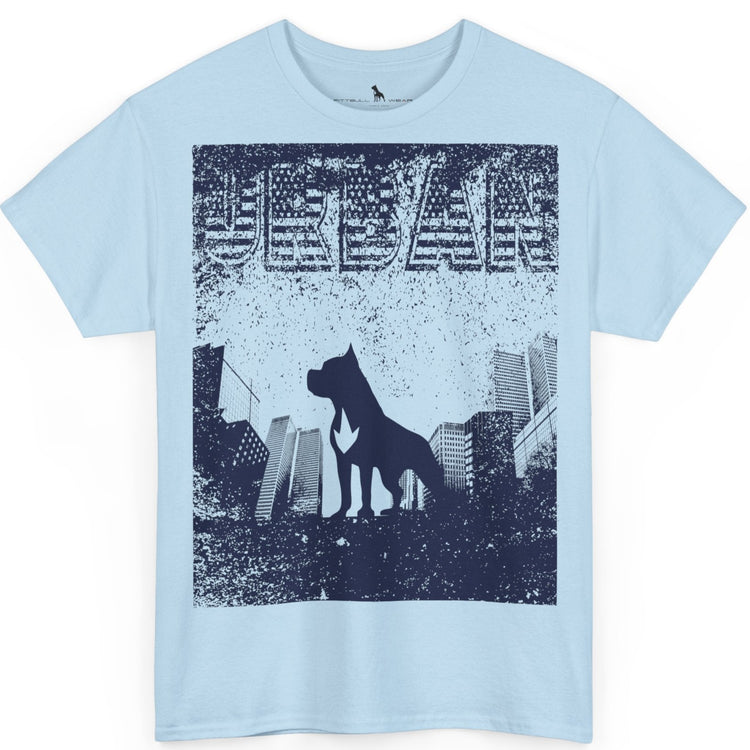 Fitbull fitness t-shirt with a graphic of a dog and urban cityscape sky blue.