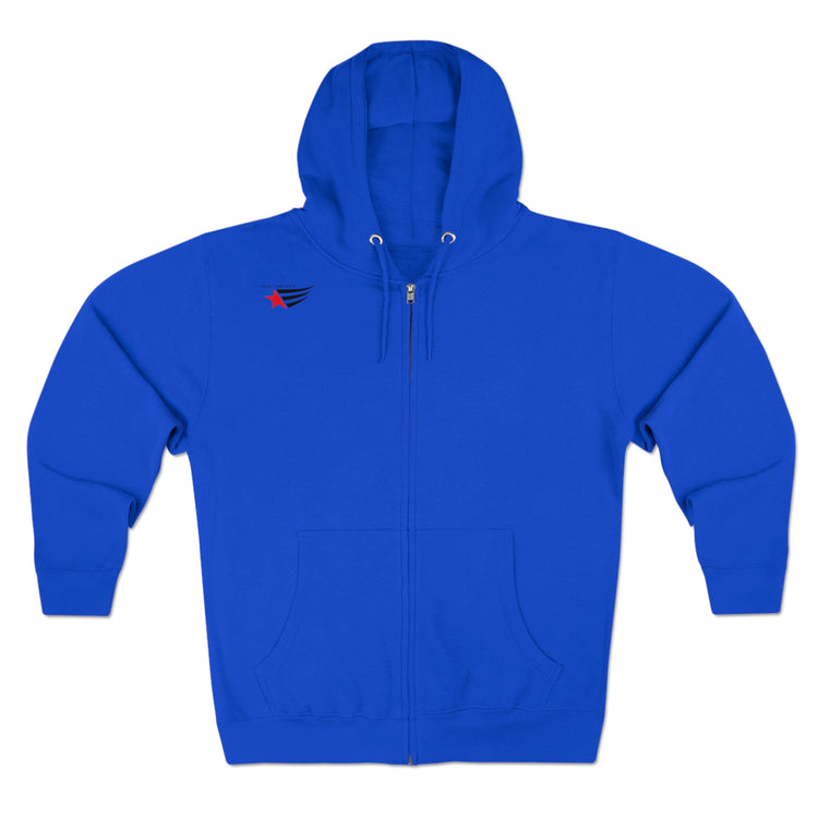 Sport blue athletic hoodie gymstar with full zip, two pockets and a  GYMSTAR logo. Front view.