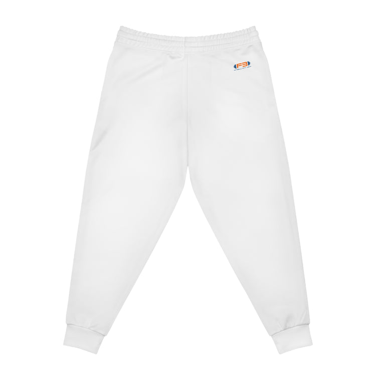 Weiße Fitbull-Jogginghosen mit dem Markenlogo. Rückansicht.