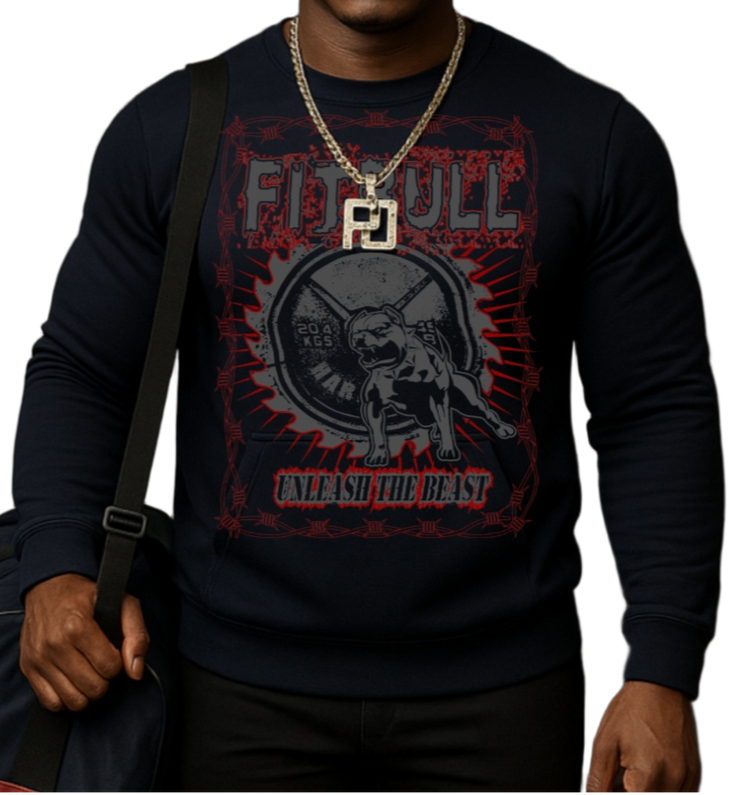 Man wearing a dark sports hoodie Fitbull with graphic design Unleash The Beast, holding a duffel bag.