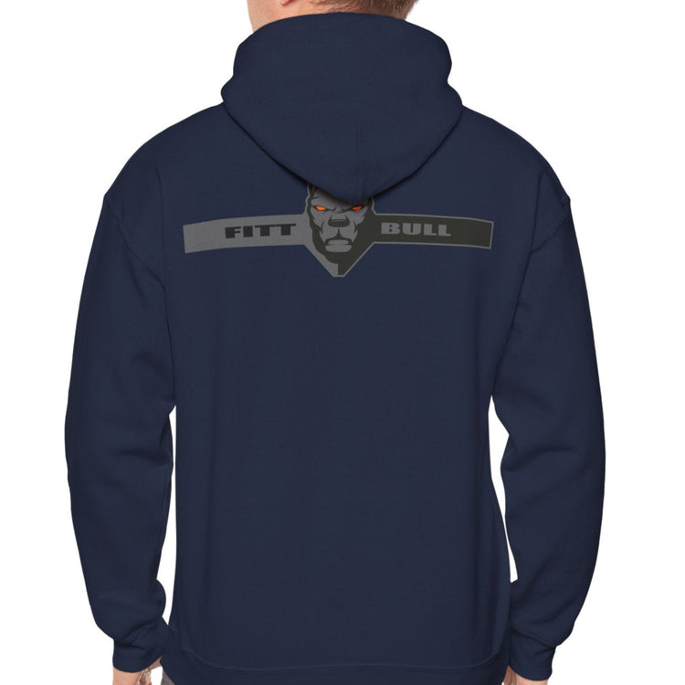 A navy blue sport Fitbull hoodie with logo and fitness motivation design rear view.