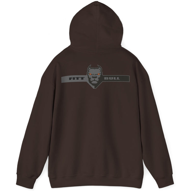 A brown sport Fitbull hoodie with logo and fitness motivation design rear view.