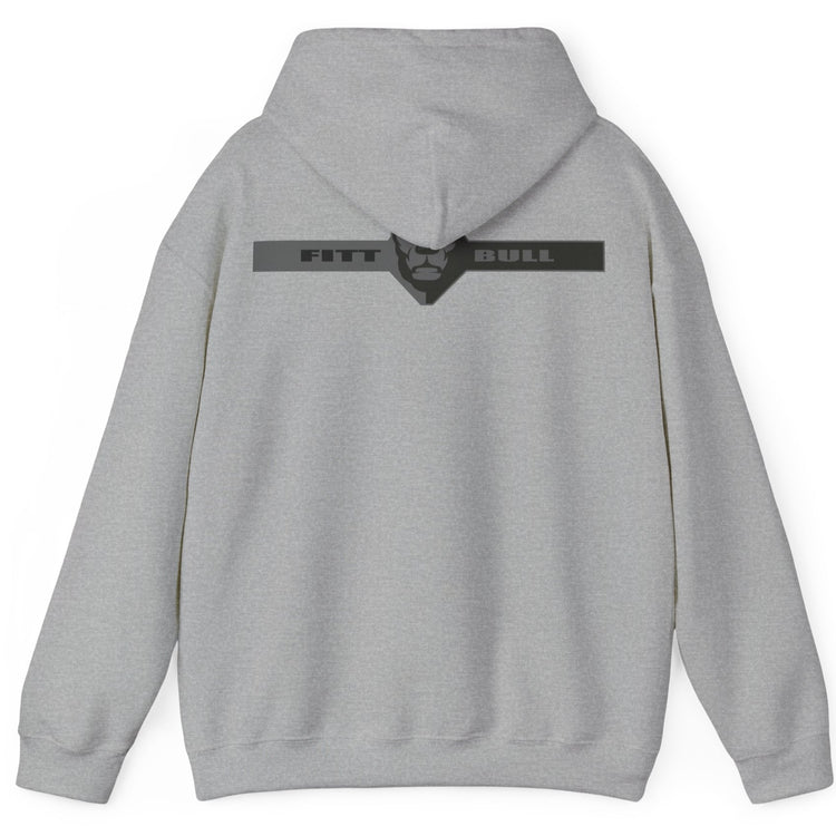 A sport grey sport Fitbull hoodie with logo and fitness motivation design rear view.