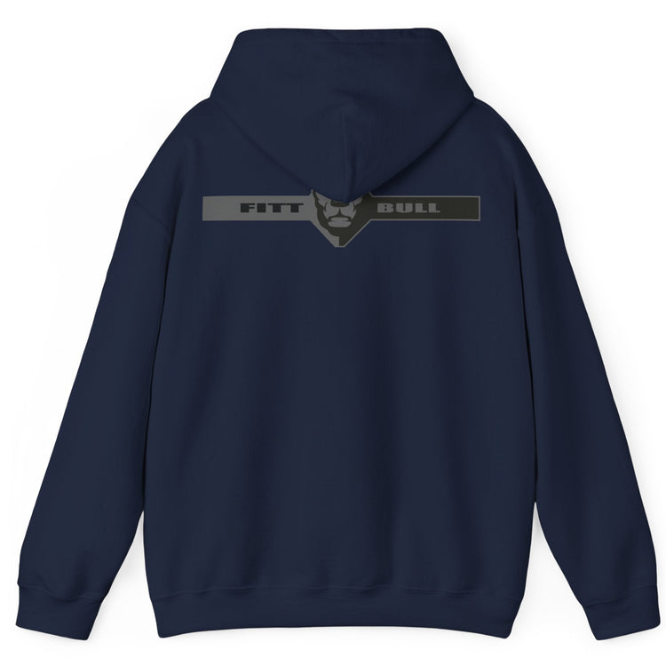 A navy blue sport Fitbull hoodie with logo and fitness motivation design rear view.