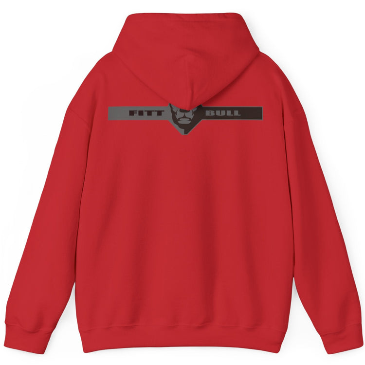 A red sport Fitbull hoodie with logo and fitness motivation design rear view.