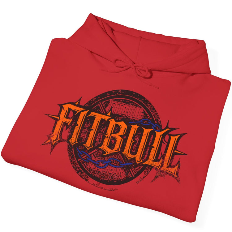 A red sport Fitbull hoodie with logo and bodybuilding workout motivation design.