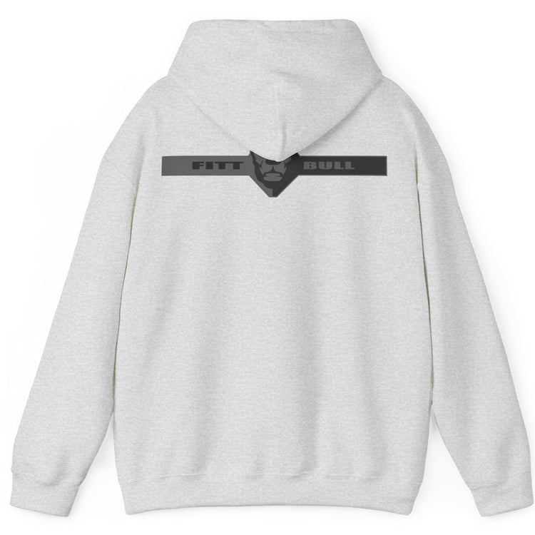 A grey sport Fitbull hoodie with logo and fitness motivation design rear view.