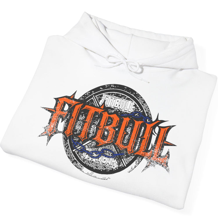 A white sport Fitbull hoodie with logo and bodybuilding workout motivation design.