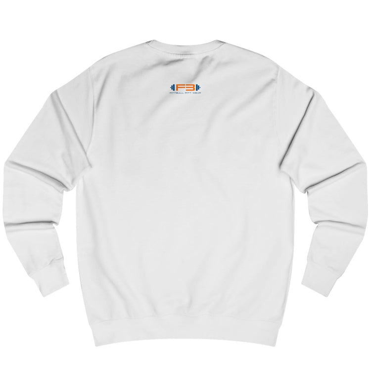 white Sports hoodie for fitness and bodybuilding from the Fitbull brand, branded with a motivating motif, back view.