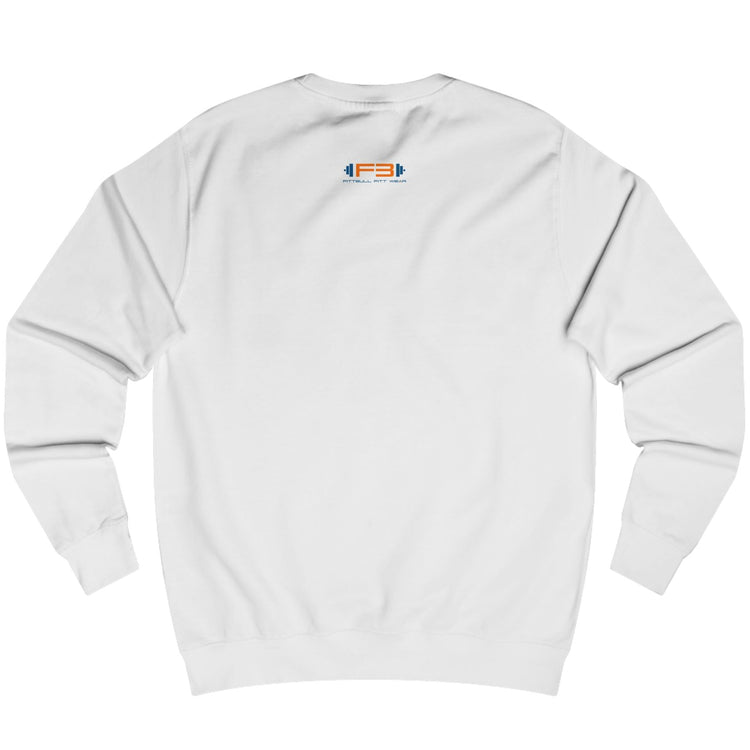 White, sporty hoodie for fitness and crossfit by the Fitbull brand, branded with a logo, back view.