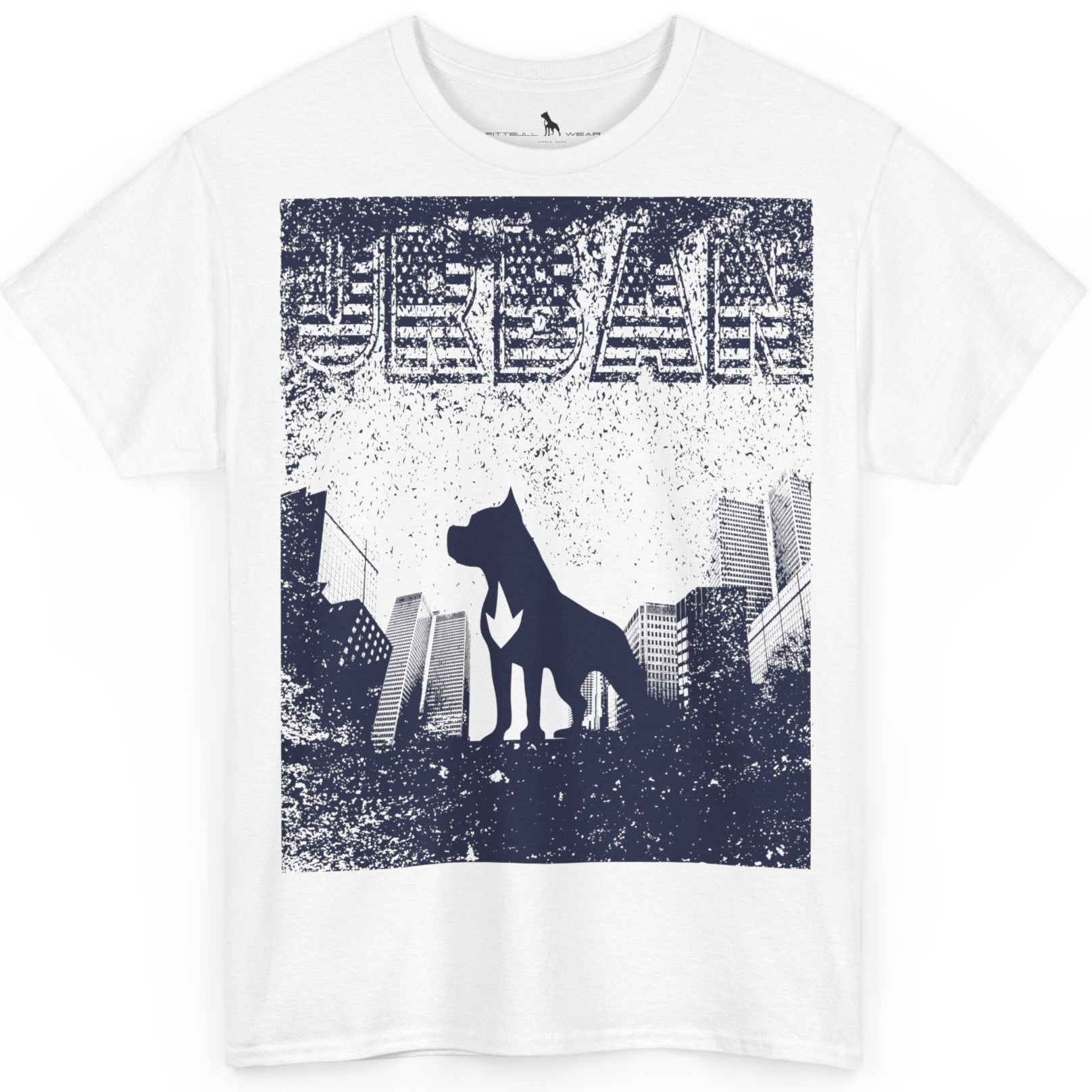 White Fitbull fitness t-shirt with a graphic of a dog and urban cityscape.