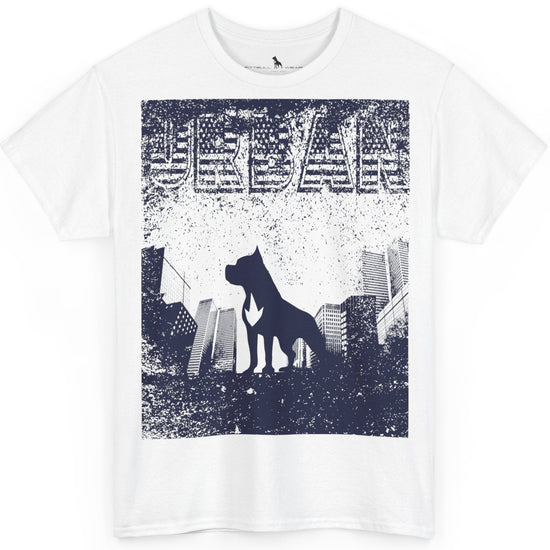 White Fitbull fitness t-shirt with a graphic of a dog and urban cityscape.