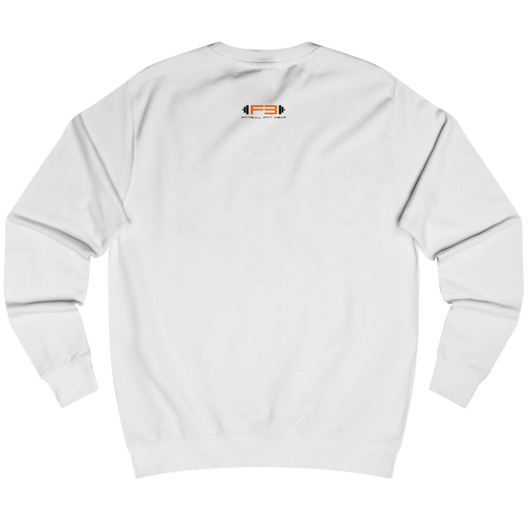 White sweatshirt Fitbull with a motivational sports brand and design graphic on the back.
