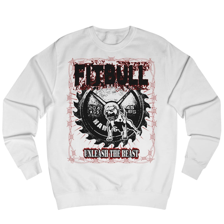 White sweatshirt Fitbull with a motivational sports brand and design graphic on the front.