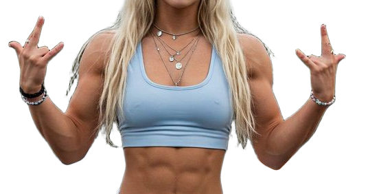 Eine Frau in einem weißen Sport-BH und Fitbull-Jogginghosen posiert für ein Foto mit einem Hip-Hop-Gruß