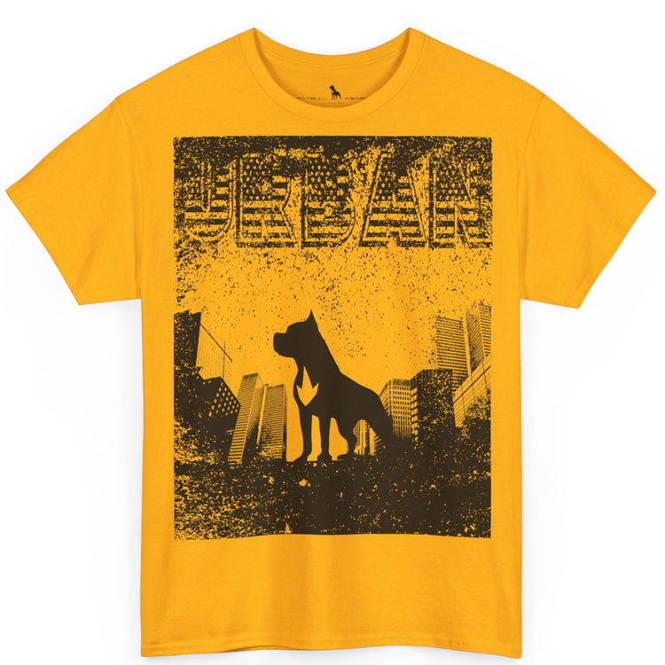 Fitbull fitness t-shirt with a graphic of a dog and urban cityscape yellow.